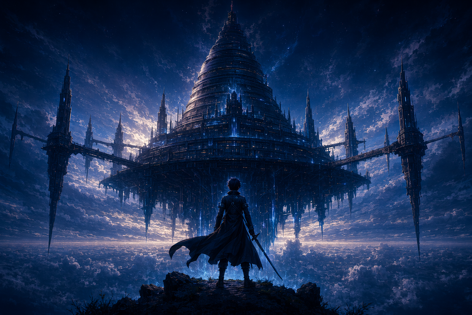 The floating steel castle of Aincrad rising above the clouds, a lone swordsman gazing up at it